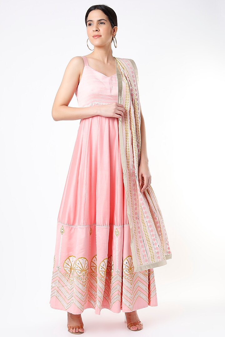 Pink Embroidered & Printed Anarkali Set by Leela By A