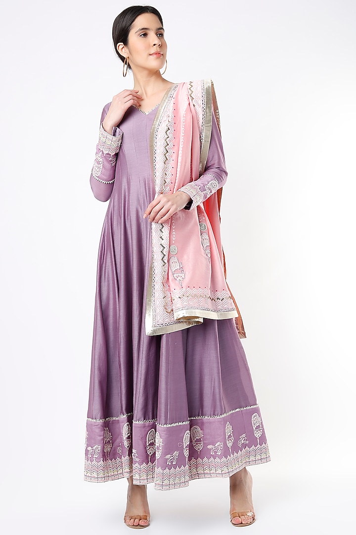 Purple Embroidered & Printed Anarkali Set by Leela By A