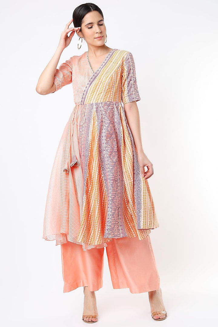 Peach & Lavender Printed Angrakha Kurta Set by Leela By A