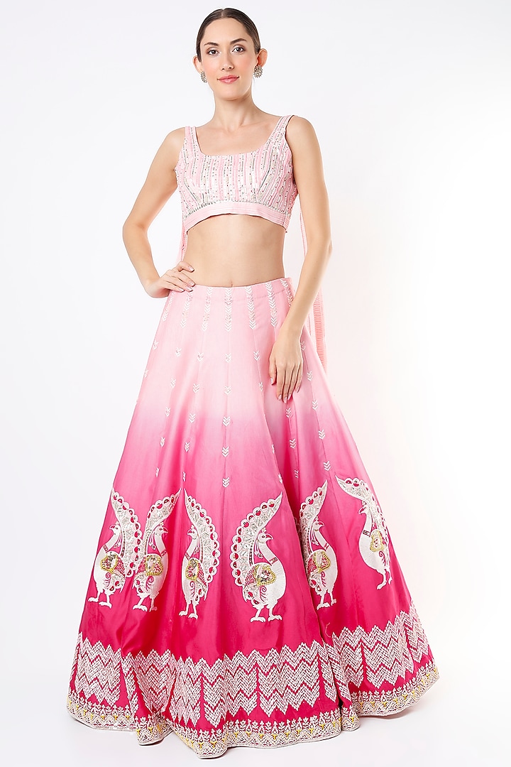 Pink Shaded Hand Embroidered Lehenga Set by Leela By A
