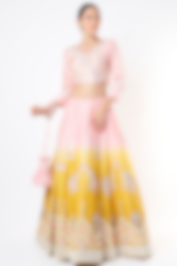 Baby Pink & Lime Green Embroidered Wedding Lehenga Set With Potli Bag by Leela By A at Pernia's Pop Up Shop