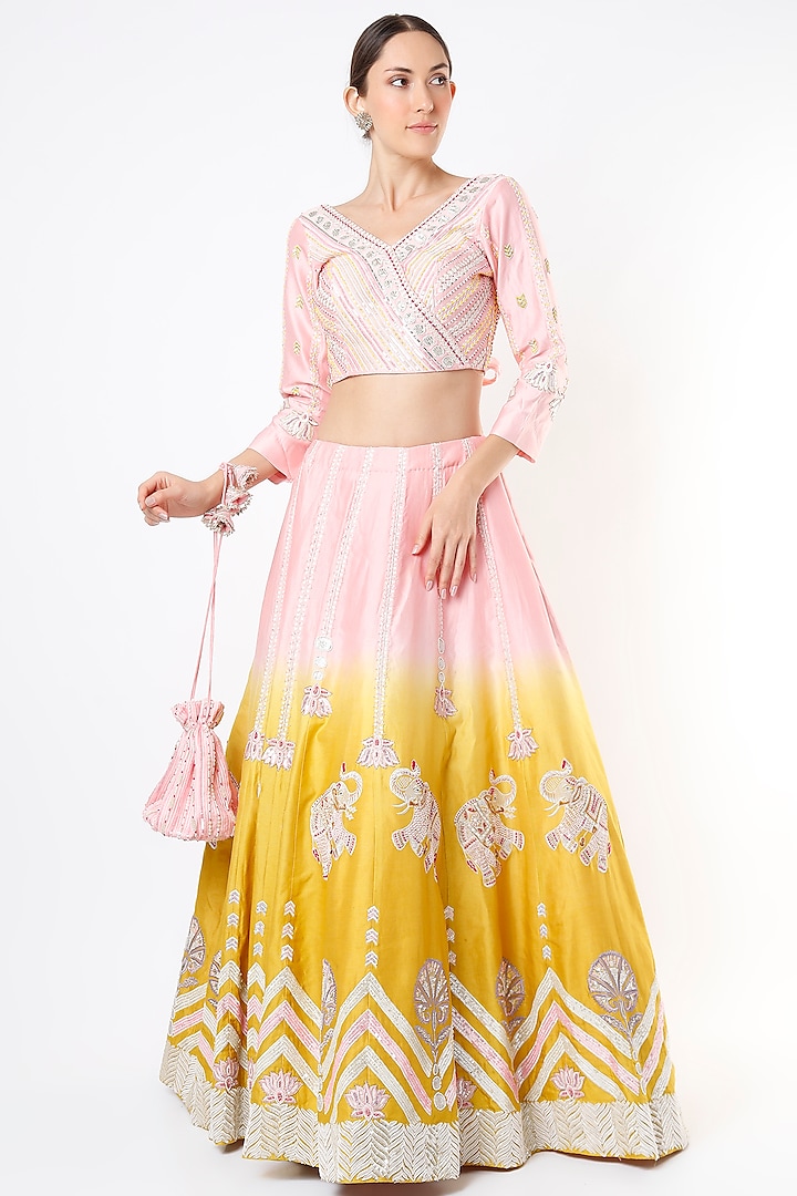 Baby Pink & Lime Green Embroidered Lehenga Set With Potli Bag by Leela By A