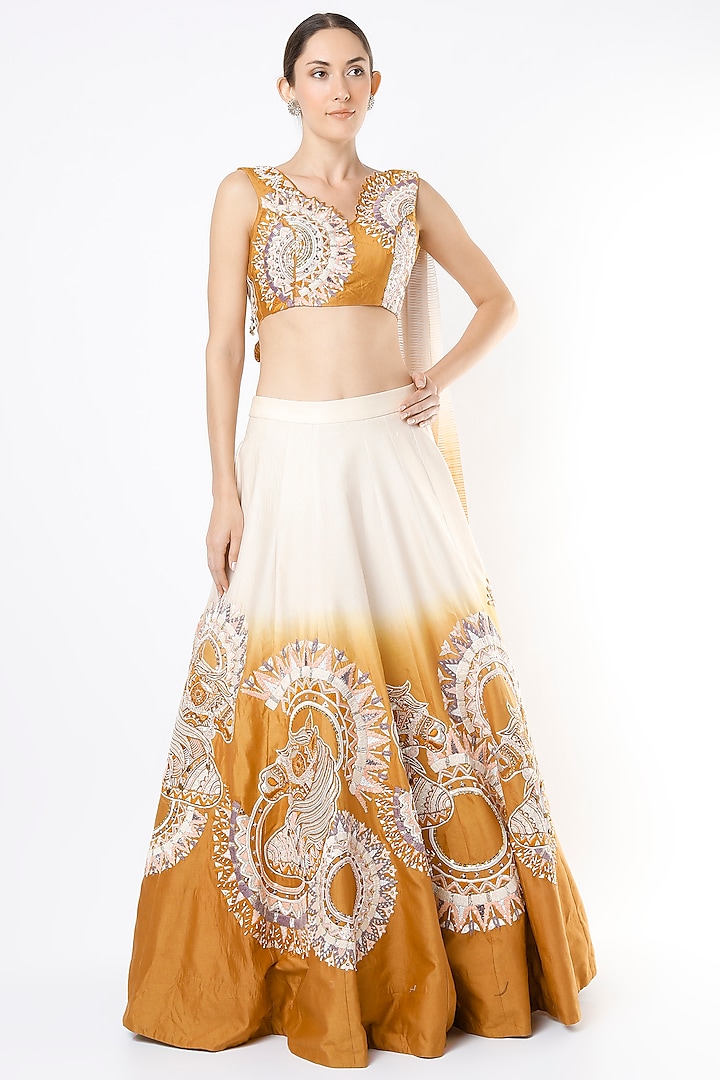 White & Cinnamon Brown Embroidered Lehenga Set by Leela By A