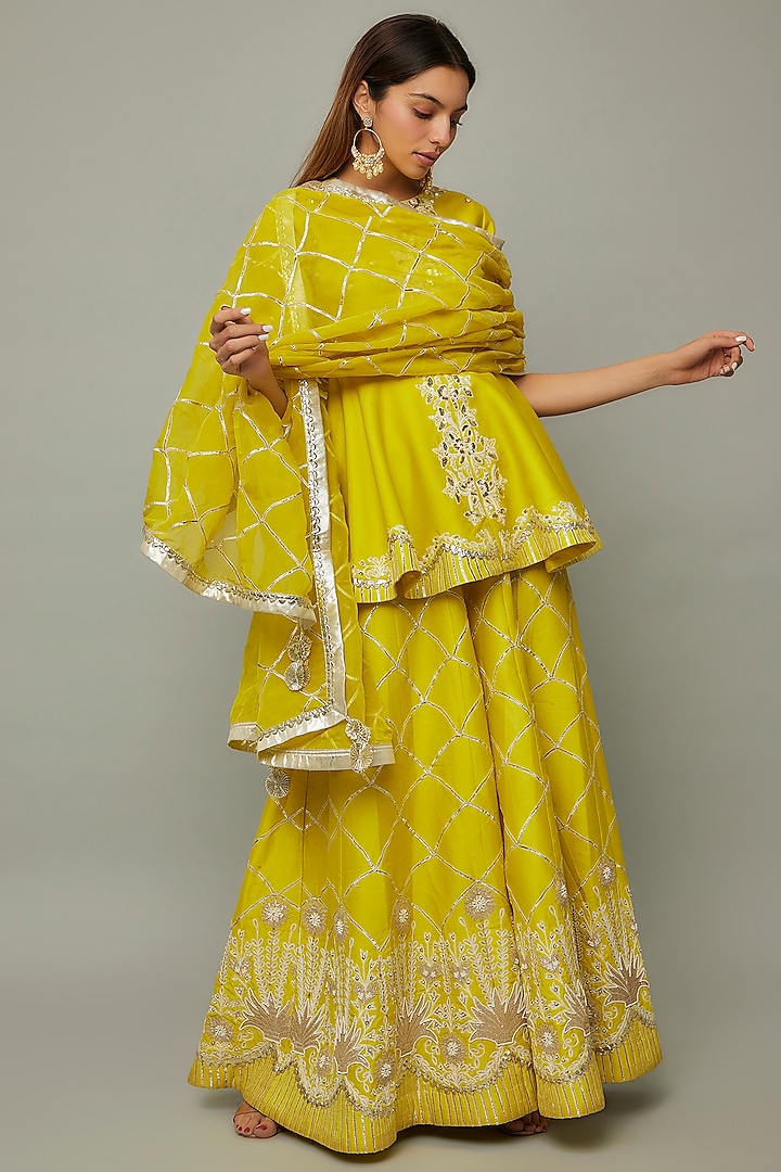 Lime Green Chanderi & Organza Embroidered Gharara Set by Leela By A
