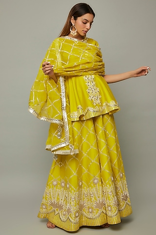 Lime Green Chanderi & Organza Embroidered Gharara Set by Leela By A