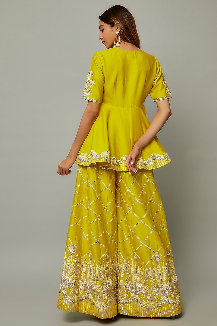 Lime Green Chanderi & Organza Embroidered Gharara Set by Leela By A at Pernia's Pop Up Shop