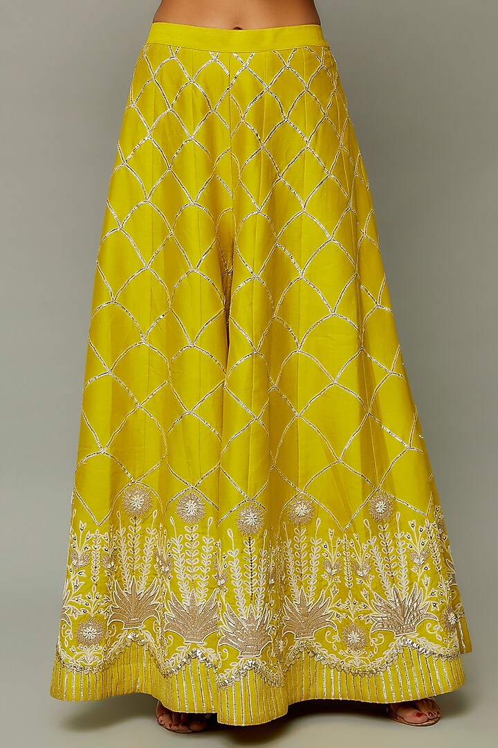 Lime Green Chanderi & Organza Embroidered Gharara Set by Leela By A at Pernia's Pop Up Shop