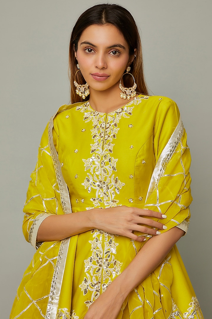 Lime Green Chanderi & Organza Embroidered Gharara Set by Leela By A at Pernia's Pop Up Shop