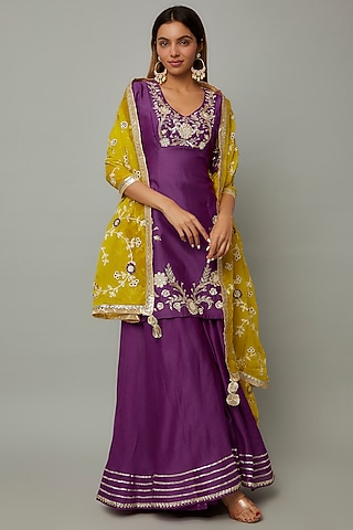 Purple Chanderi & Organza Short Kurta Set by Leela By A