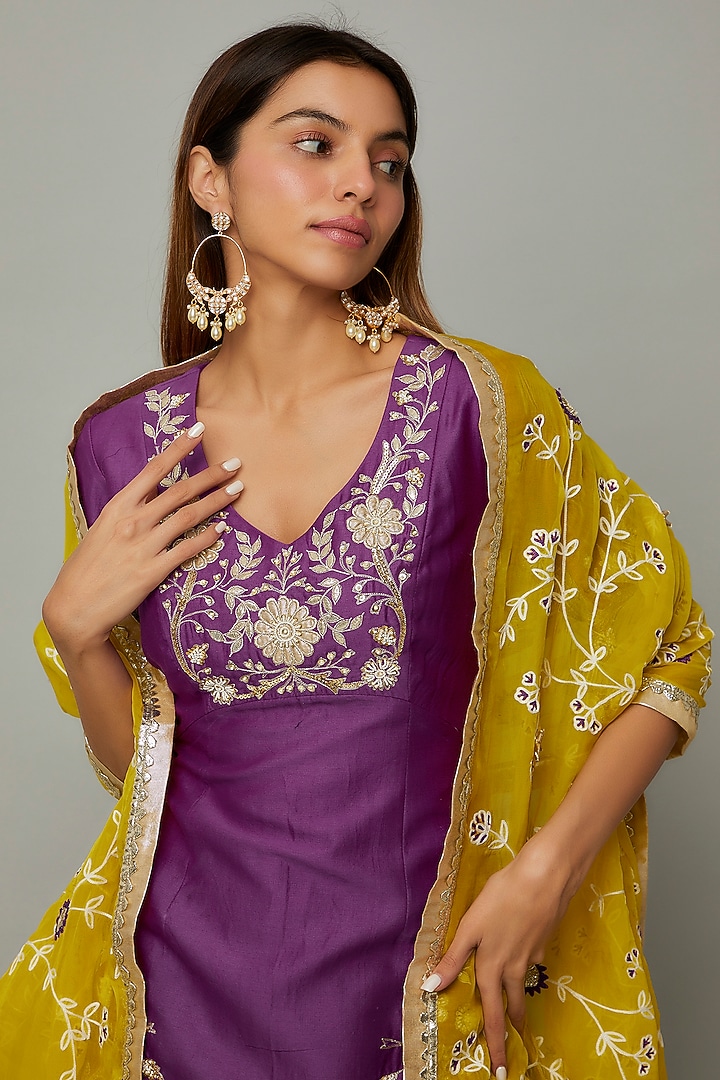 Purple Chanderi & Organza Short Kurta Set by Leela By A at Pernia's Pop Up Shop
