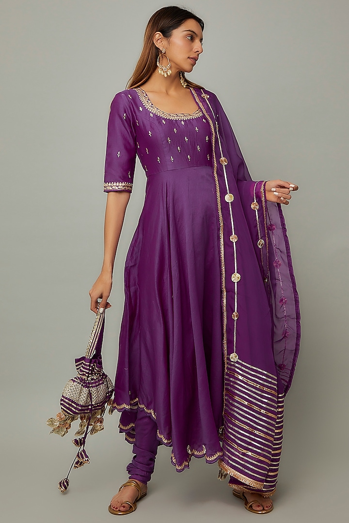 Purple Chanderi & Organza Embroidered Anarkali Set by Leela By A