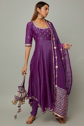 Purple Chanderi & Organza Embroidered Anarkali Set by Leela By A