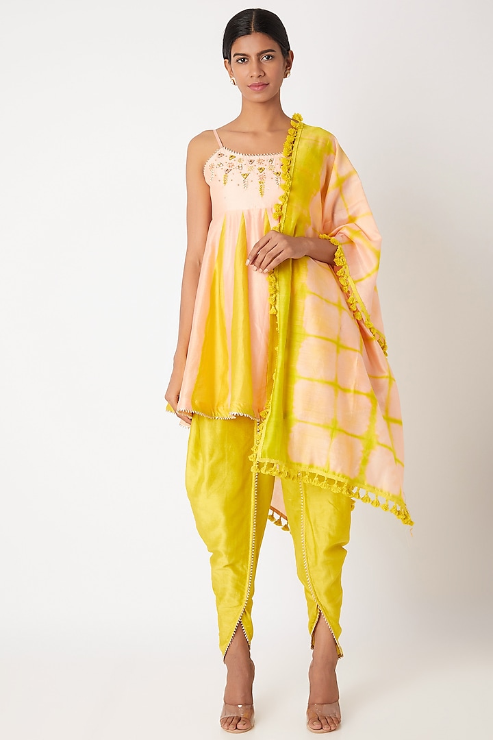 Peach & Lime Green Embroidered Tie-Dye Kurta Set by Leela By A
