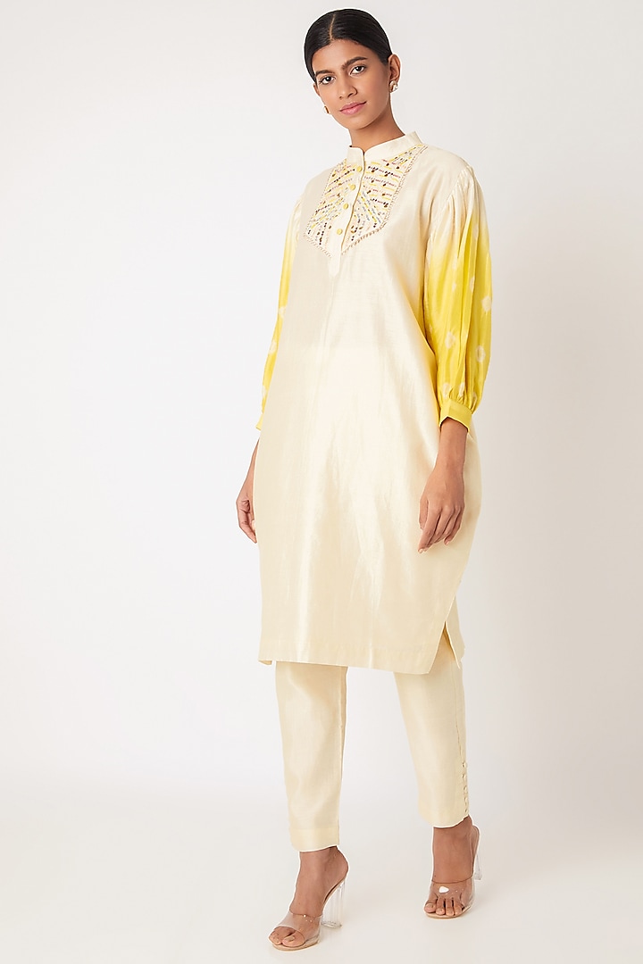 Ivory & Yellow Embroidered Tie-Dye Kurta With Pants by Leela By A