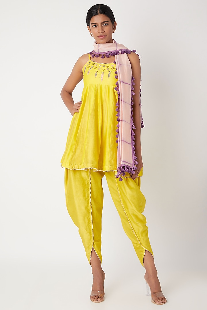 Lemon Yellow & Lime Green Embroidered Dhoti Set by Leela By A