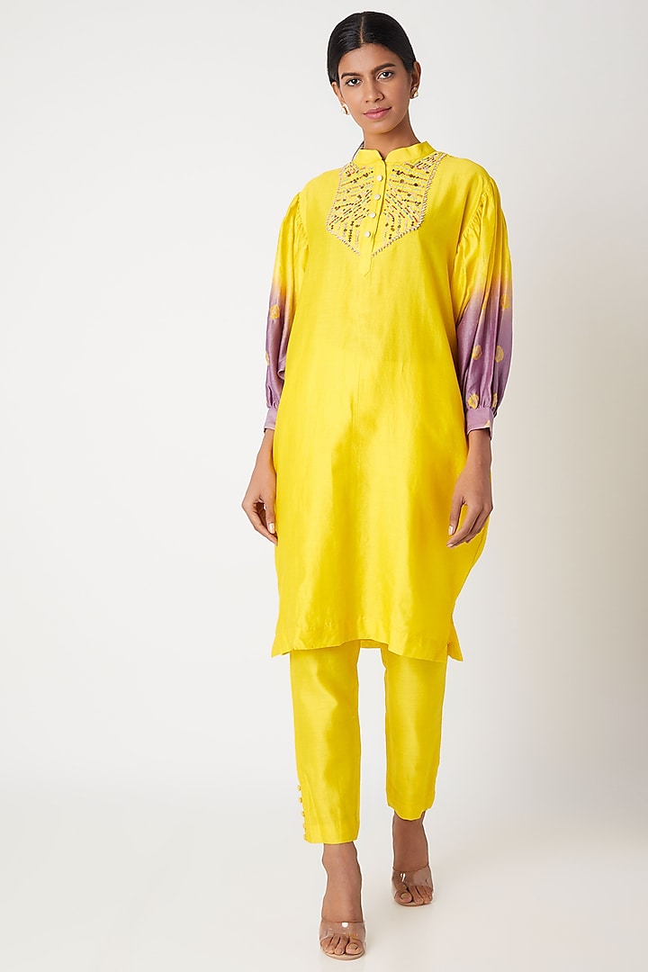 Yellow Embroidered Tie-Dye Kurta With Pants by Leela By A