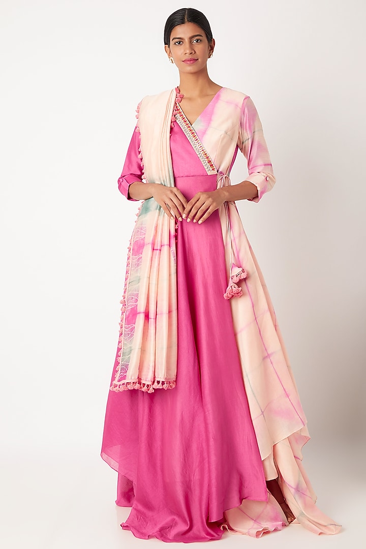 Blush Pink Tie-Dye Anarkali With Stole by Leela By A