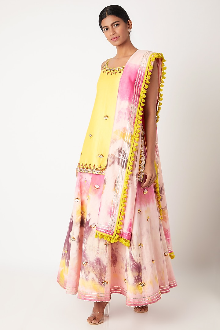 Blush Pink & Yellow Embroidered Tie-Dye Lehenga Set by Leela By A
