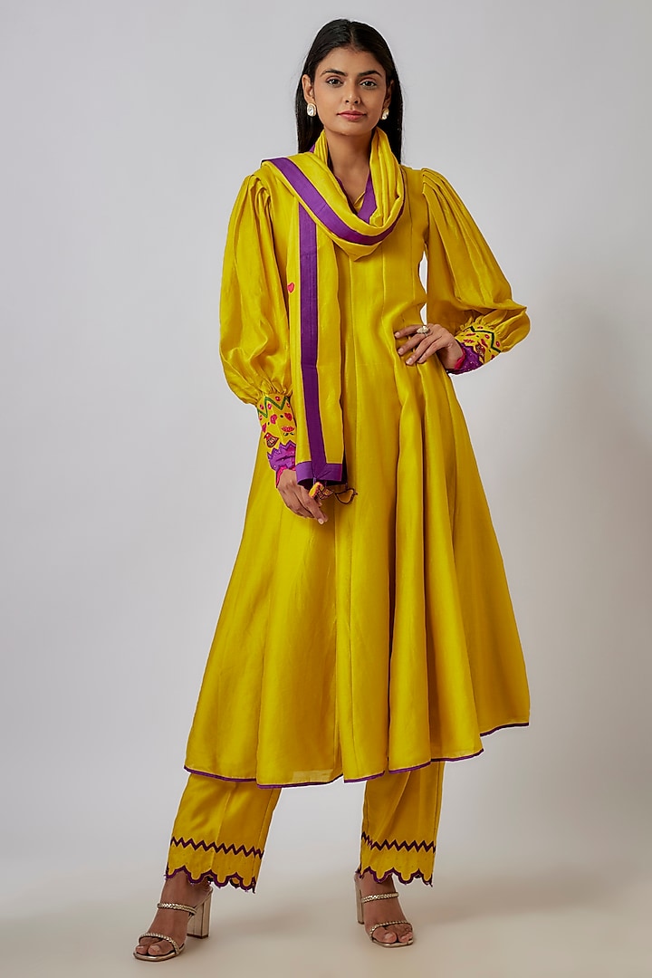 Yellow Chanderi Aari Embroidered Flared Anarkali Set by Leela By A