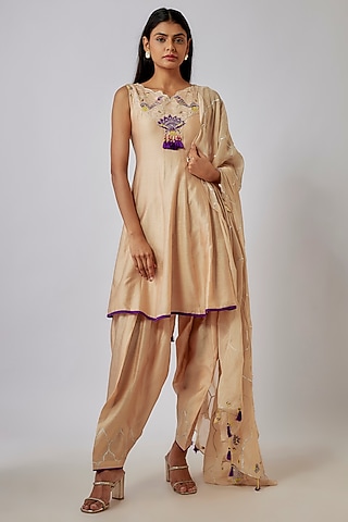 Beige Chanderi Thread & Tassels Embroidered Flared Anarkali Set by Leela By A