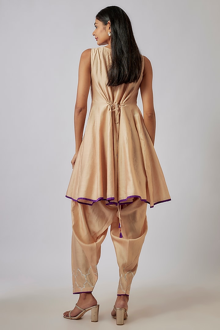Beige Chanderi Thread & Tassels Embroidered Flared Party Wear Anarkali Set by Leela By A at Pernia's Pop Up Shop