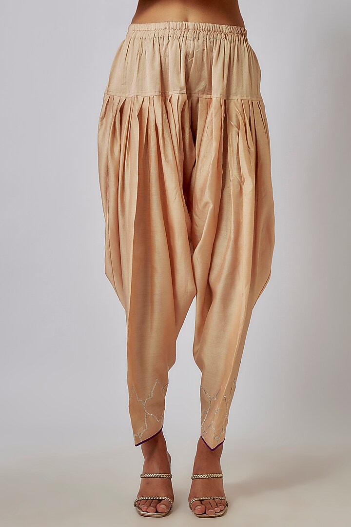 Beige Chanderi Thread & Tassels Embroidered Flared Party Wear Anarkali Set by Leela By A at Pernia's Pop Up Shop