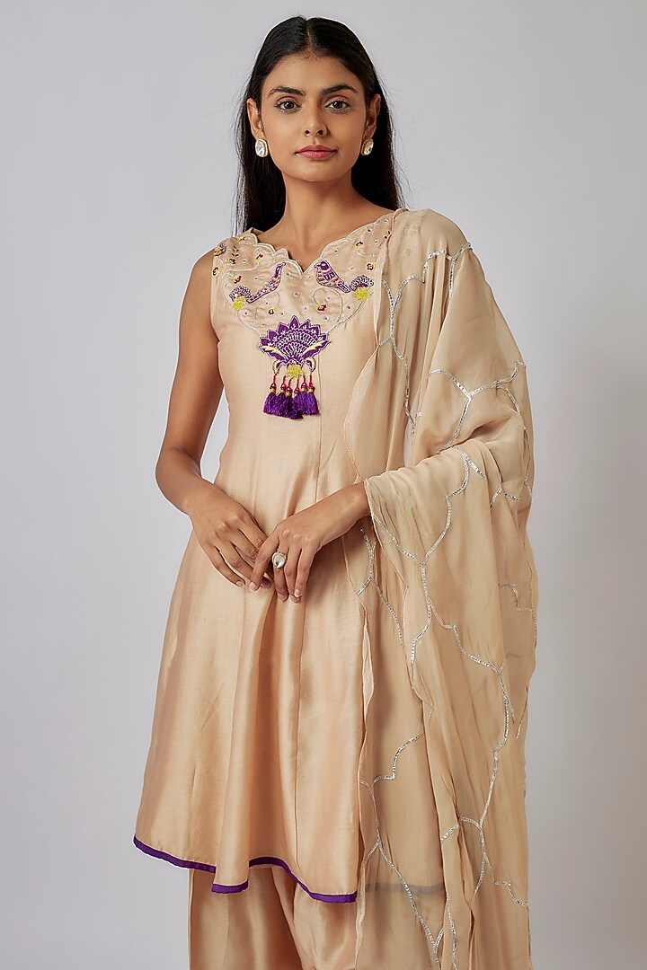 Beige Chanderi Thread & Tassels Embroidered Flared Party Wear Anarkali Set by Leela By A at Pernia's Pop Up Shop