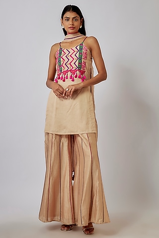 Beige Chanderi Aari Embroidered Sharara Set by Leela By A