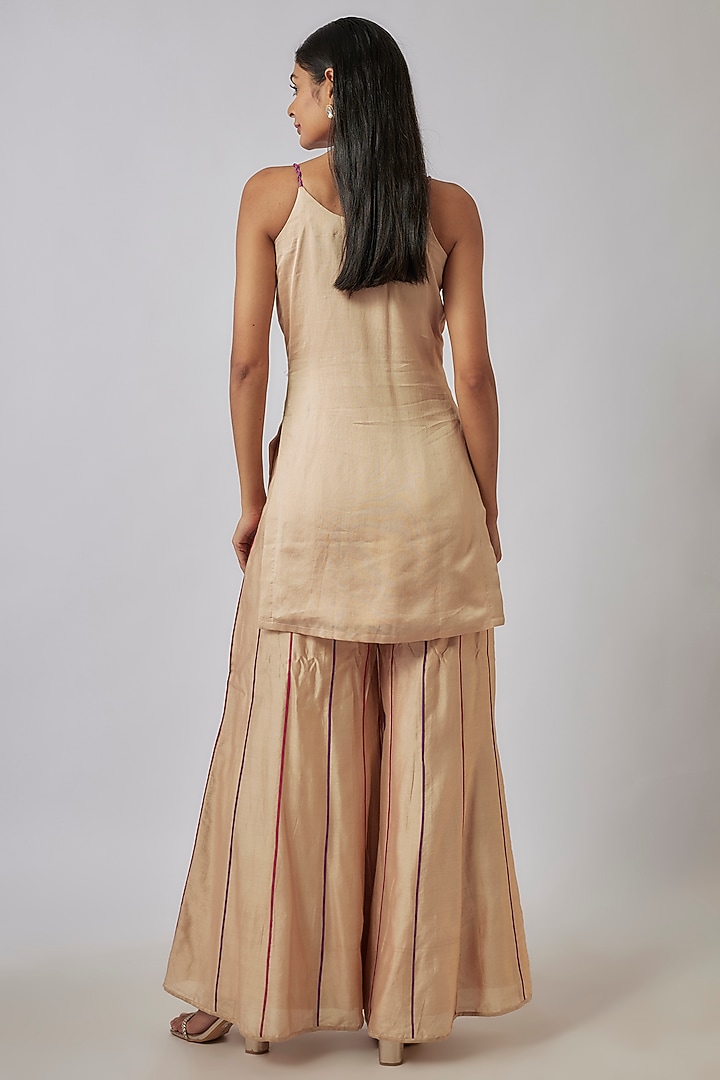 Beige Chanderi Aari Embroidered Party Wear Sharara Set by Leela By A at Pernia's Pop Up Shop