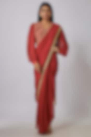 Crimson Red Chanderi Aari Embroidered Pre-Draped Saree Set by Leela By A