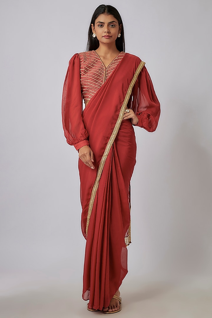 Crimson Red Chanderi Aari Embroidered Pre-Draped Saree Set by Leela By A