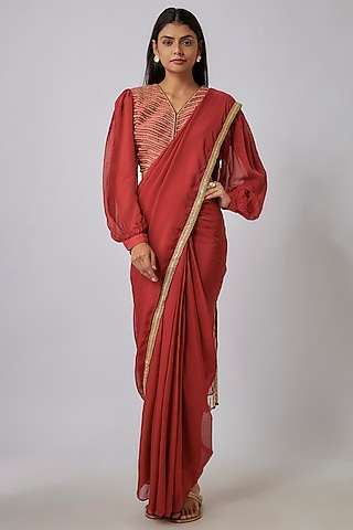 Crimson Red Chanderi Aari Embroidered Pre-Draped Saree Set by Leela By A