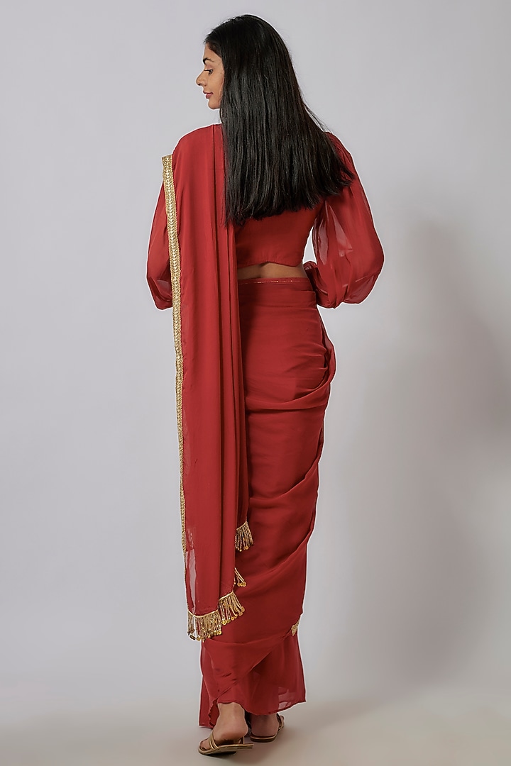 Crimson Red Chanderi Aari Embroidered Pre-Draped Party Wear Saree Set by Leela By A at Pernia's Pop Up Shop