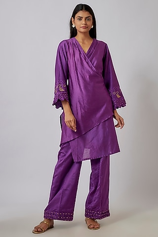 Purple Chanderi Zari Embroidered Draped Kurta Set by Leela By A
