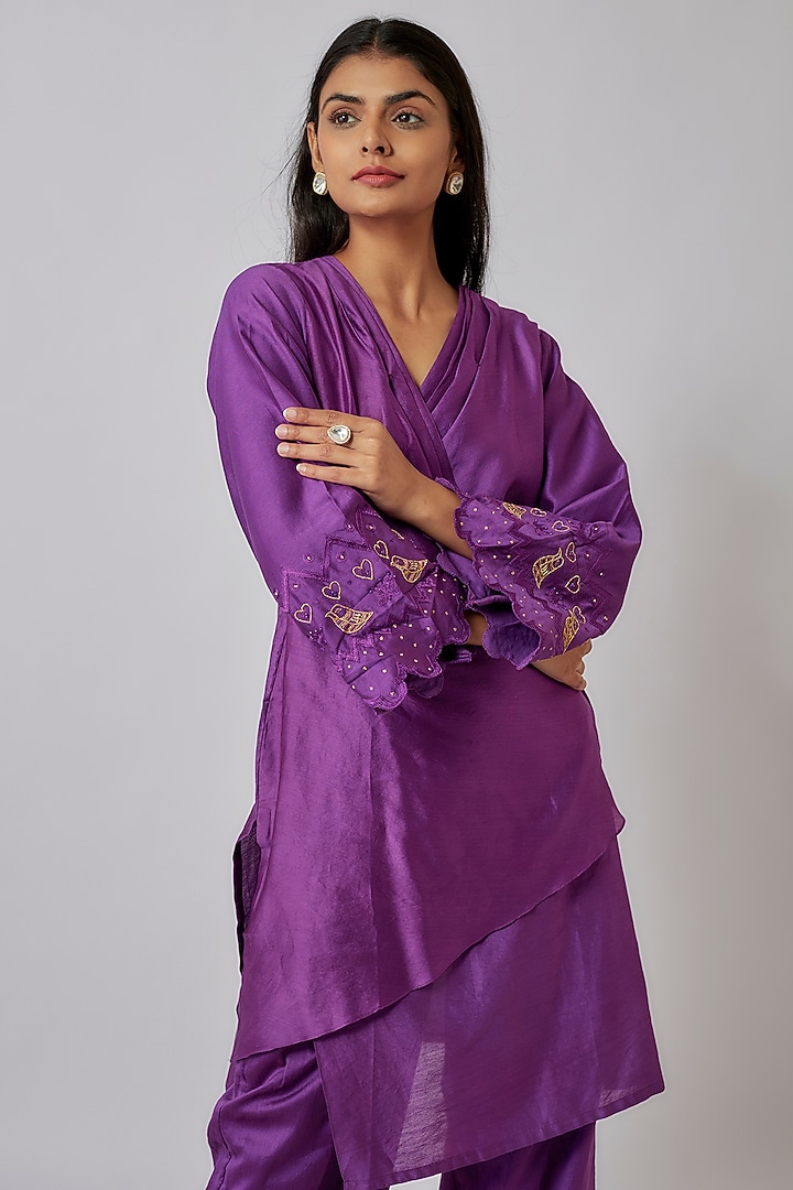 Purple Chanderi Zari Embroidered Draped Kurta Set by Leela By A at Pernia's Pop Up Shop