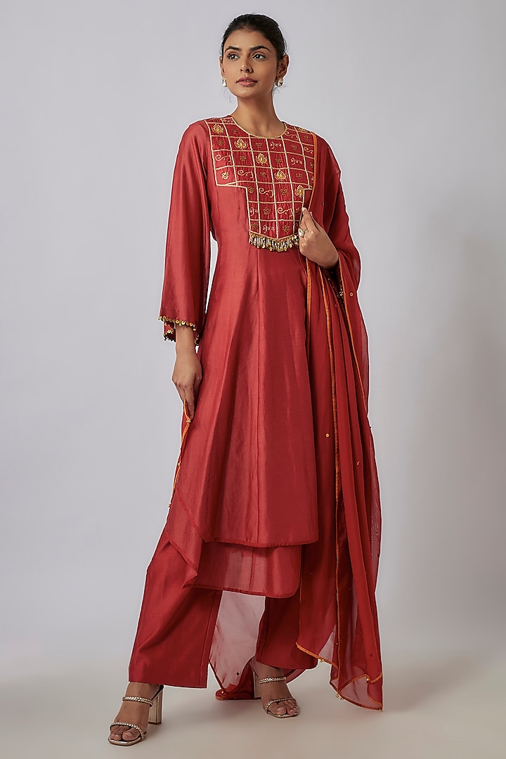 Crimson Red Chanderi Sequins & Ghungroo Embroidered Anarkali Set by Leela By A