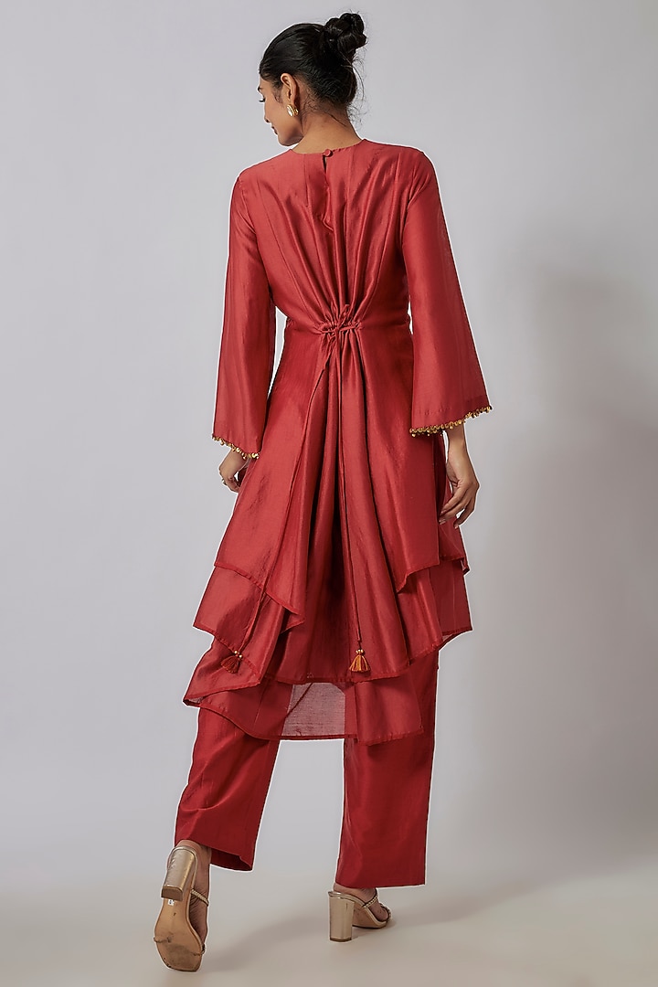 Crimson Red Chanderi Sequins & Ghungroo Embroidered Party Wear Anarkali Set by Leela By A at Pernia's Pop Up Shop