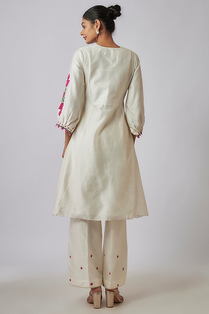 Ivory Chanderi Lotus & Heart Embroidered Party Wear Anarkali Set by Leela By A at Pernia's Pop Up Shop