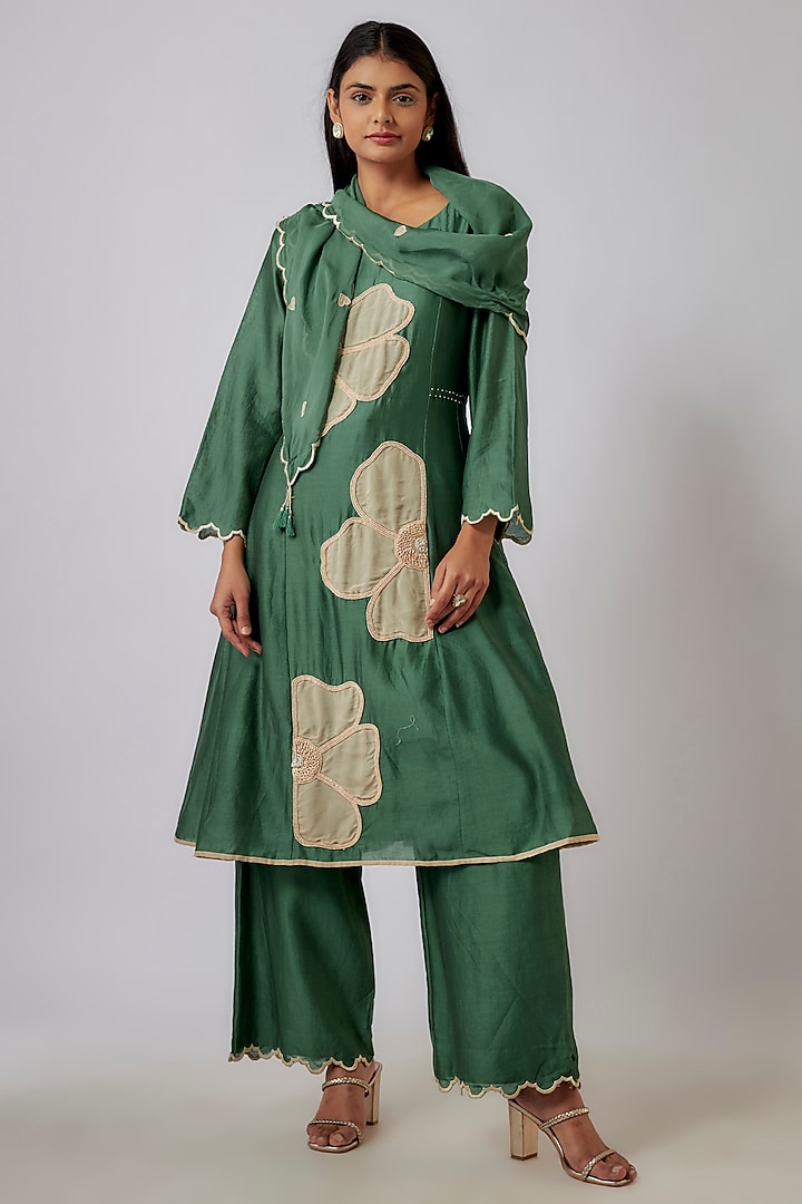 Sage Green Chanderi Floral Applique Embroidered Kurta Set by Leela By A