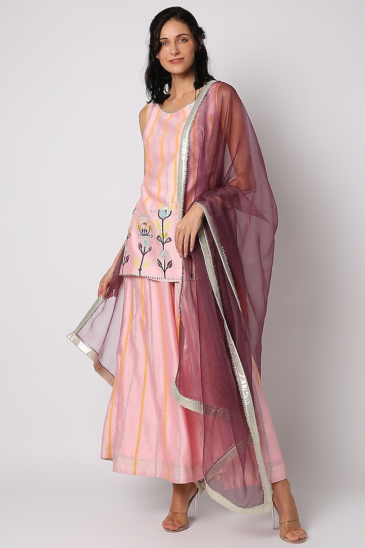 Baby Pink Embroidered & Printed Kurta Set by Leela By A