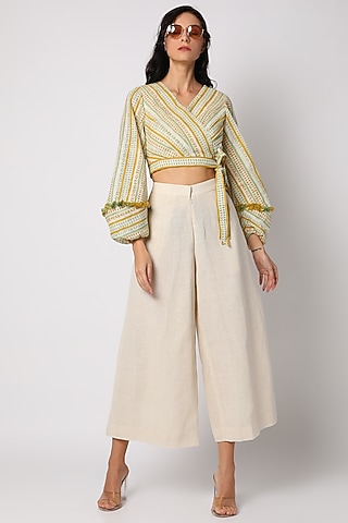Ivory Pant Set With Printed Top by Leela By A