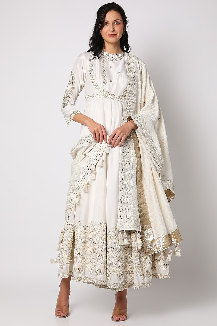 Ivory Embroidered Anarkali Set by Leela By A