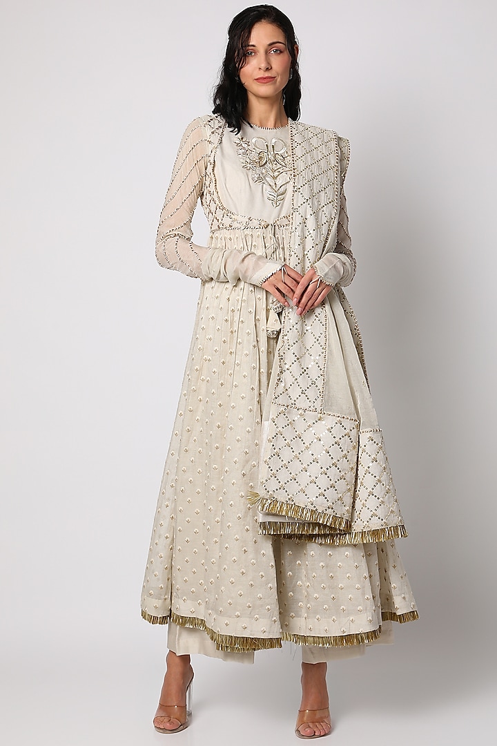 Ivory Embroidered Anarkali Set by Leela By A