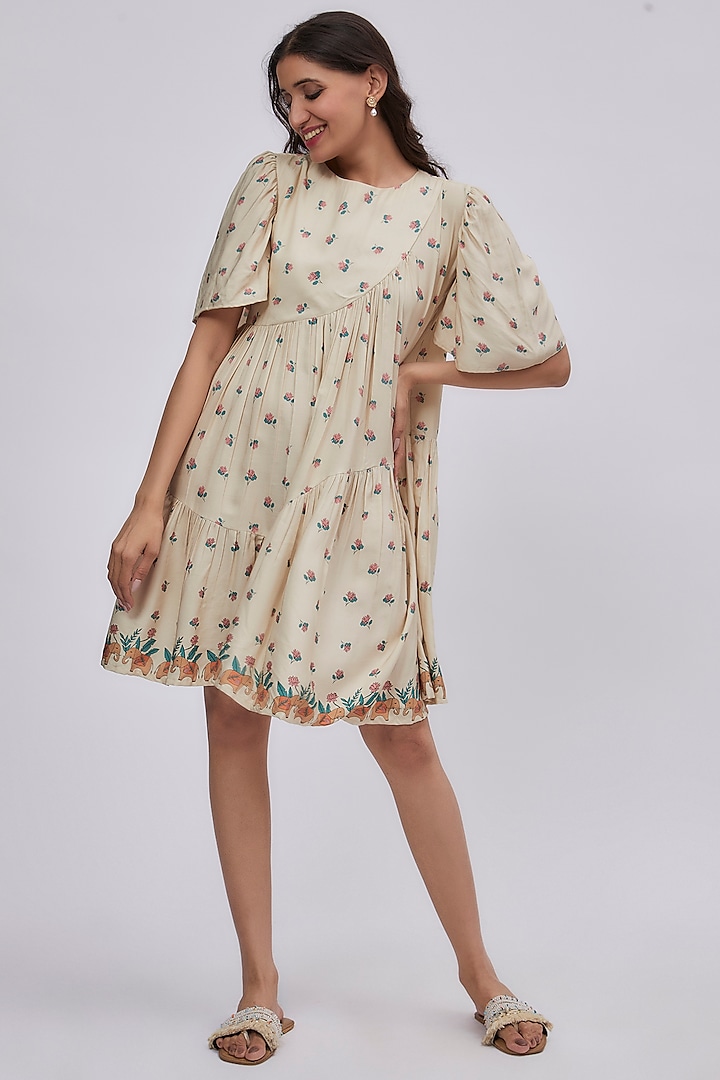 Beige Luxe Tencel Floral Printed Dress by Leela By A