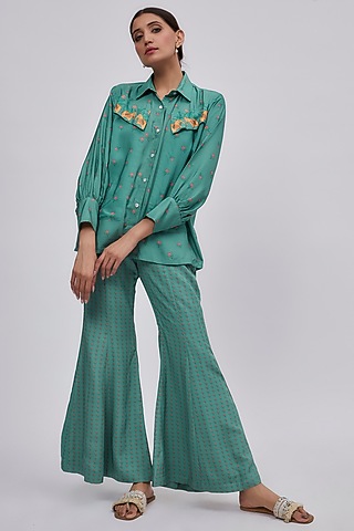 Green Luxe Tencel Floral Printed Co-Ord Set by Leela By A