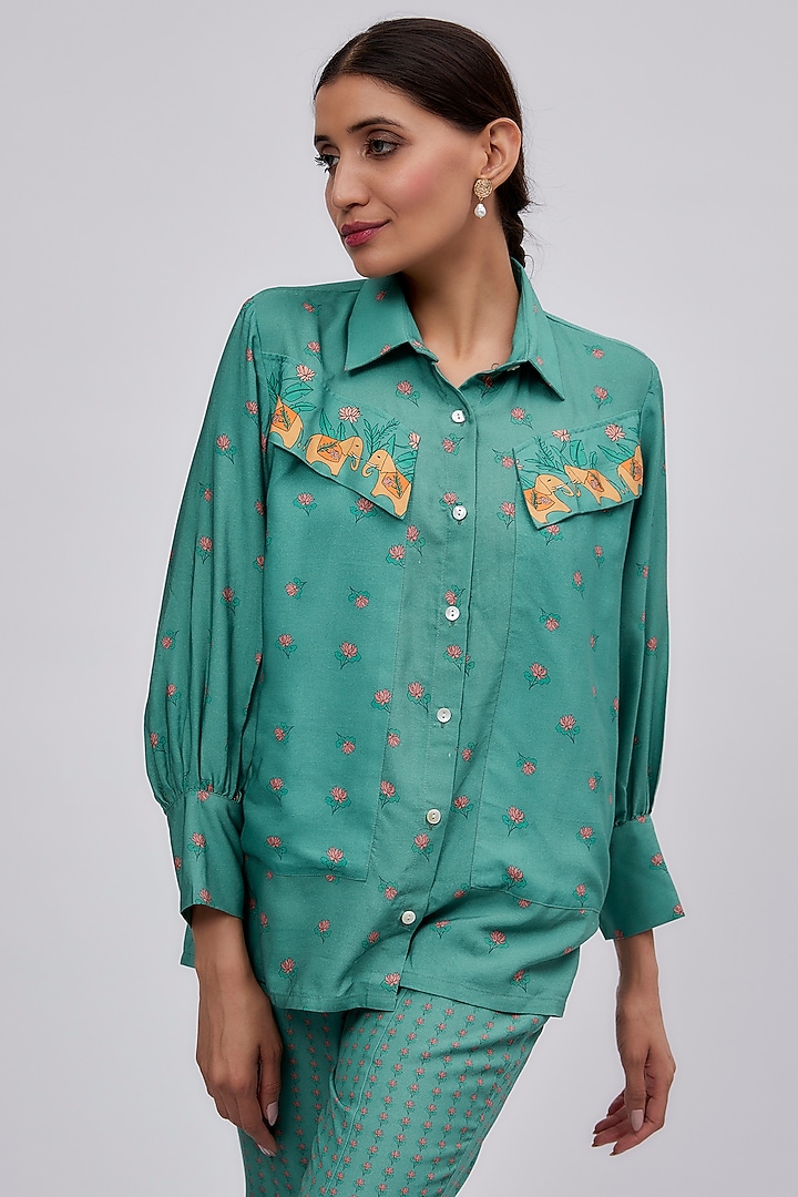 Green Luxe Tencel Floral Printed Co-Ord Set by Leela By A at Pernia's Pop Up Shop