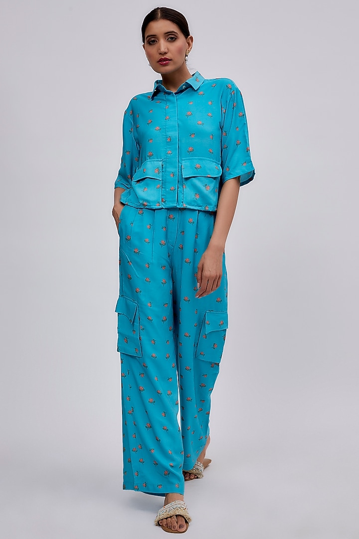 Blue Luxe Tencel Floral Printed Co-Ord Set by Leela By A at Pernia's Pop Up Shop