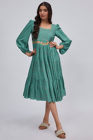 Green Luxe Tencel Floral Printed Dress by Leela By A