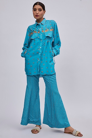 Blue Luxe Tencel Floral Printed Co-Ord Set by Leela By A