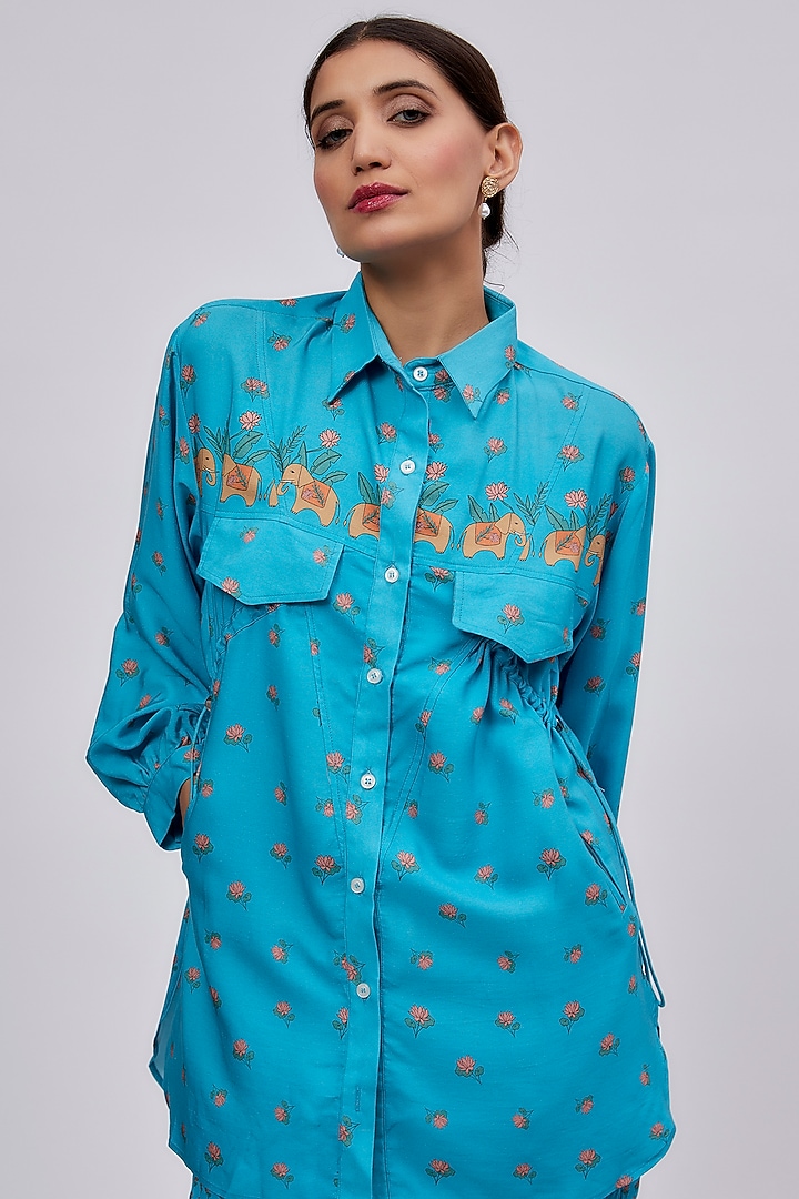 Blue Luxe Tencel Floral Printed Co-Ord Set by Leela By A at Pernia's Pop Up Shop